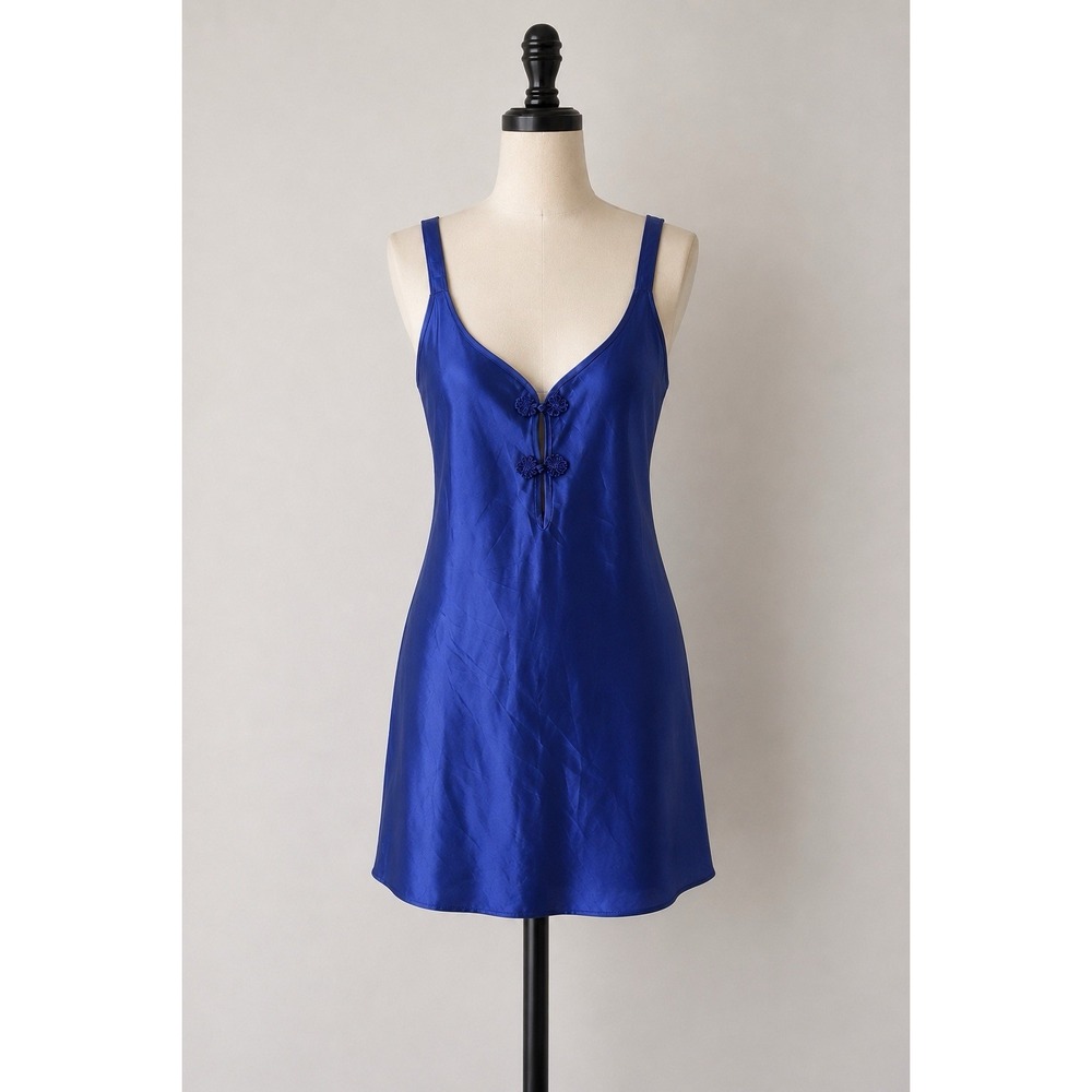 Vintage California Dynasty Royal Blue Short Satin Slip Frog Button USA Made Sz M
